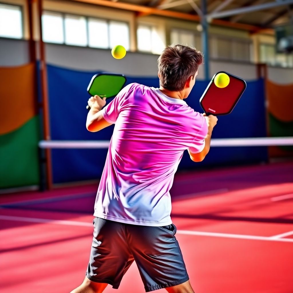 Athlete performing a backhand pickleball shot on the court.