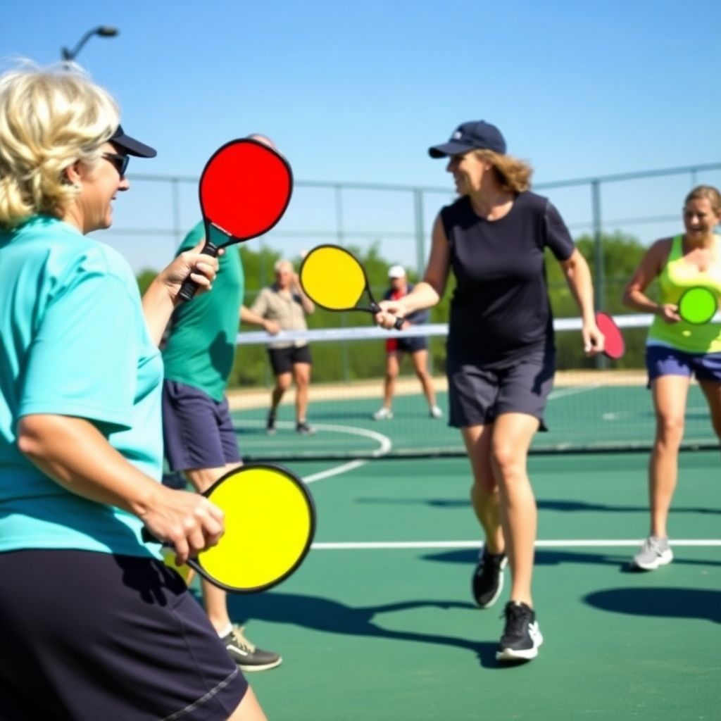 Players enjoying a lively pickleball match on a court.