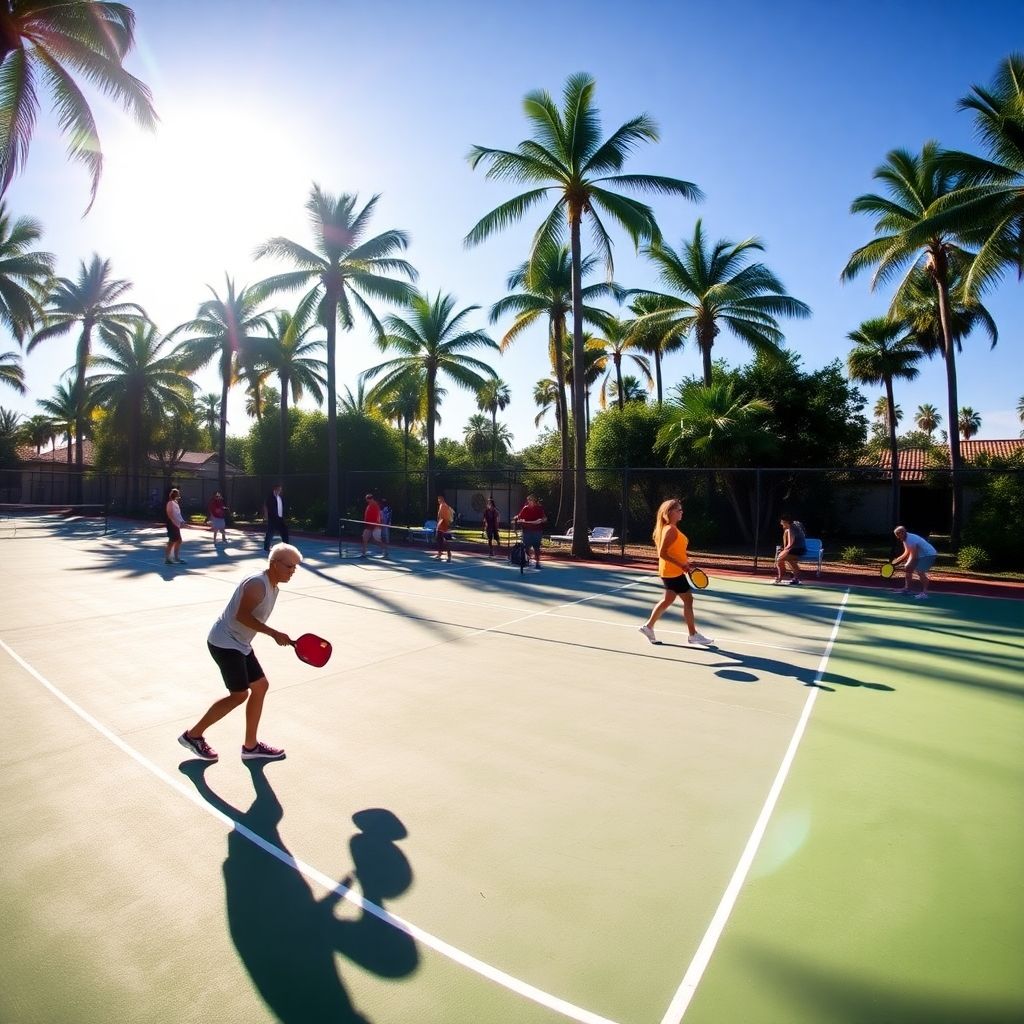Players enjoying a lively pickleball match on a court.