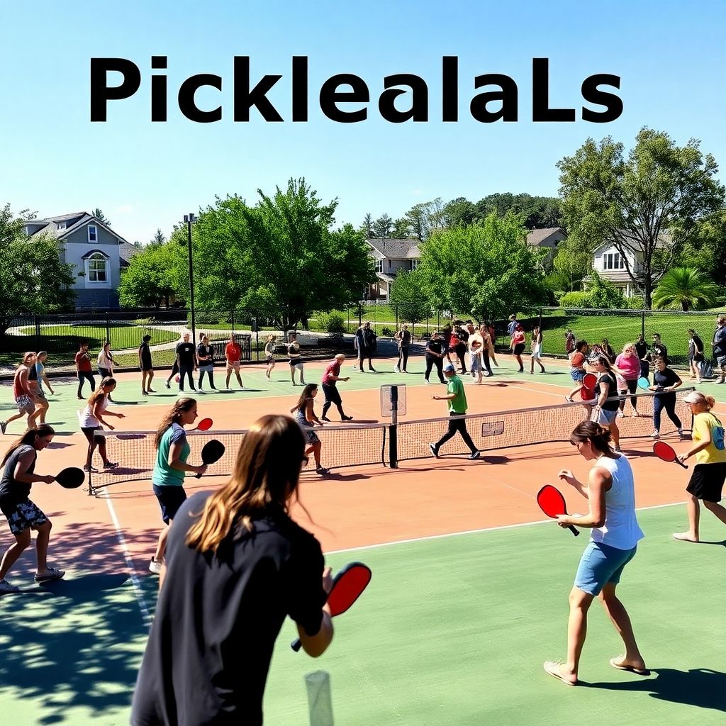 Outdoor pickleball court with players and trees in background.