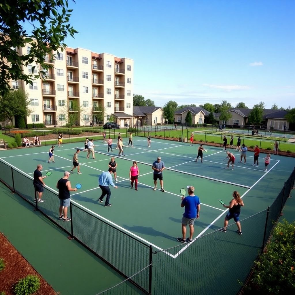Pickleball players on a court near residential buildings.