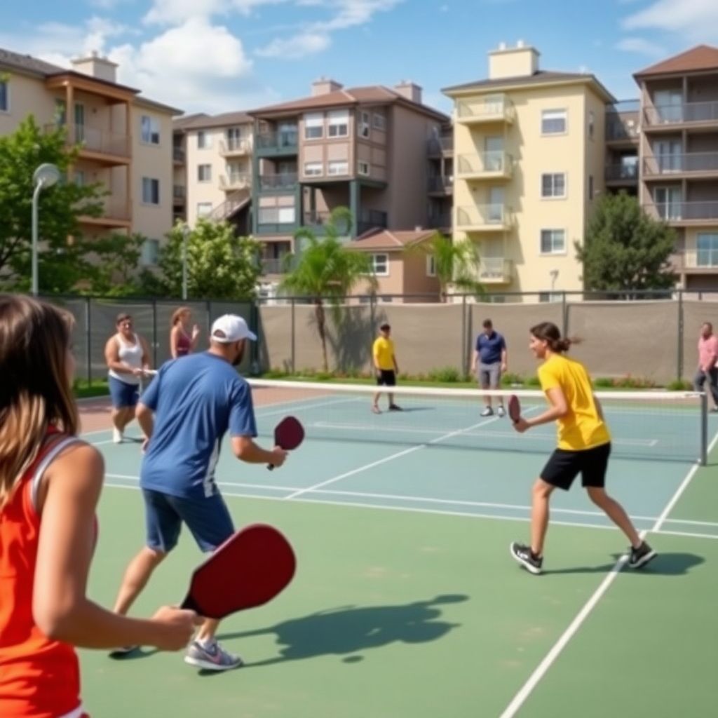 Players enjoying pickleball with residential backdrop.