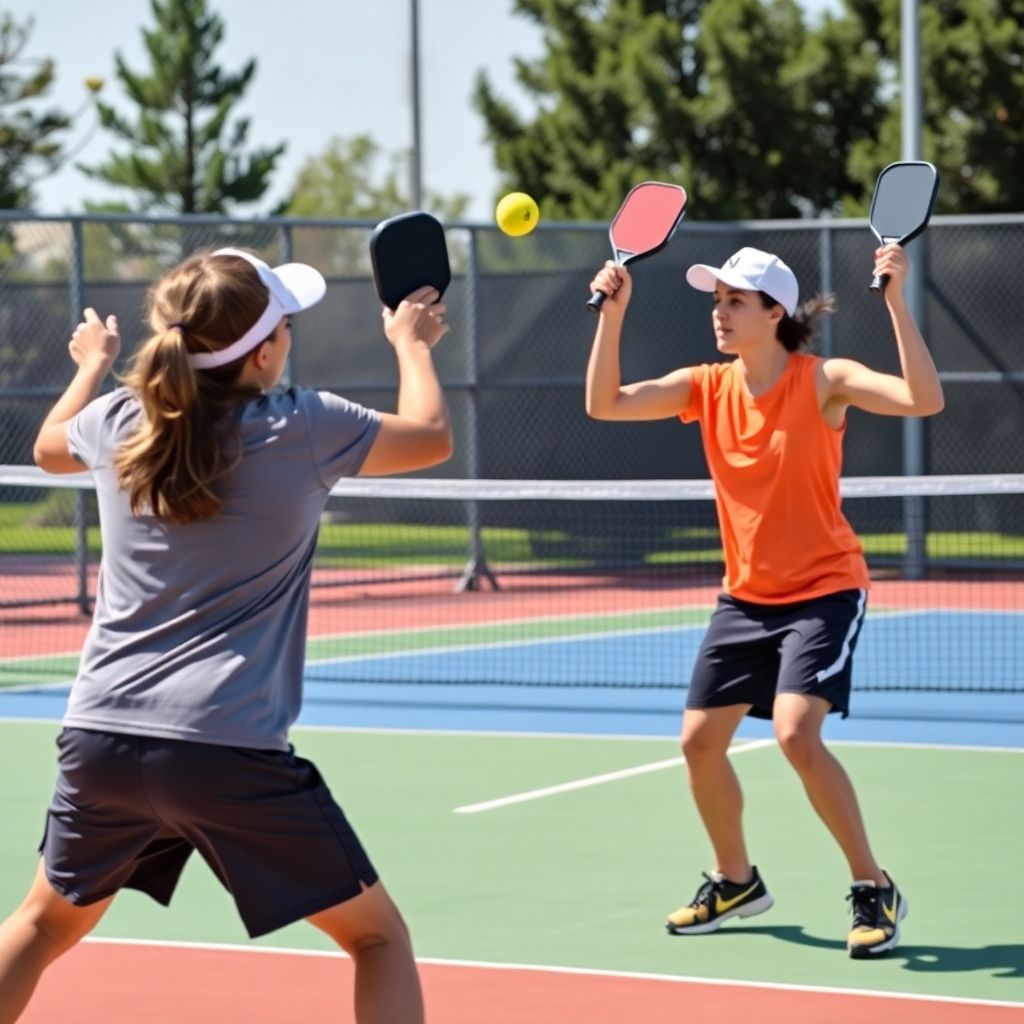 Two players hitting a pickleball on a bright court.