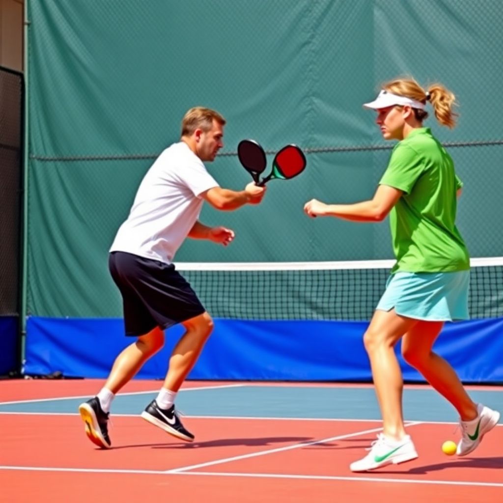 Two players intensely playing pickleball on a vibrant court.