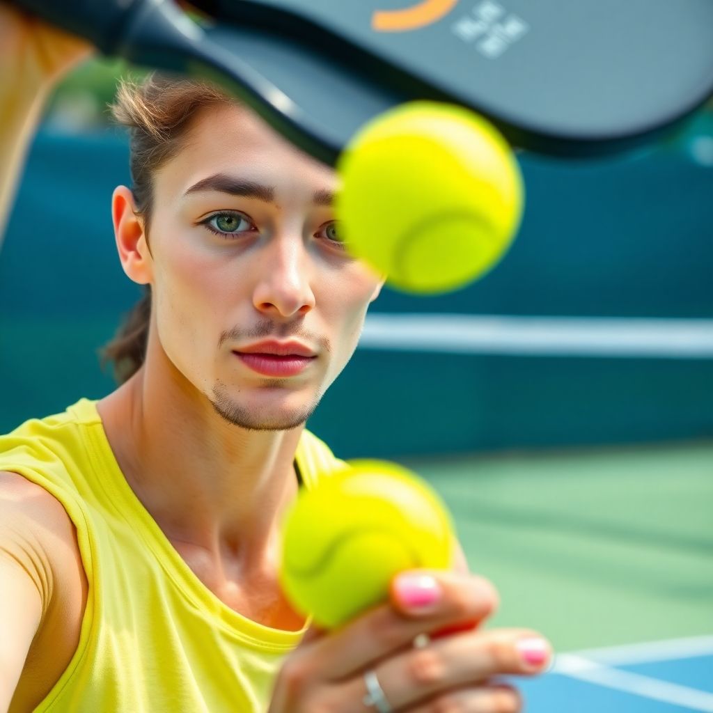 Player serving a pickleball on a vibrant court.