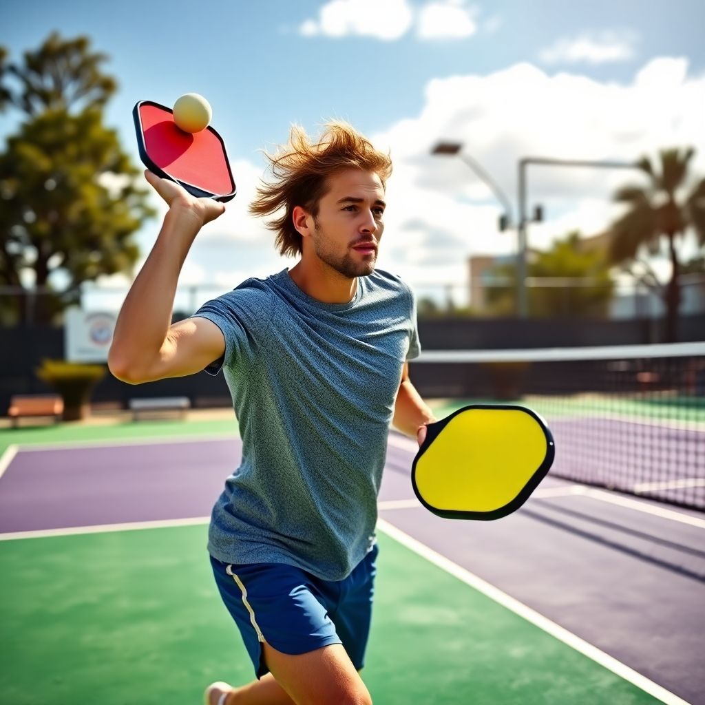 Pickleball player serving on a colorful court.