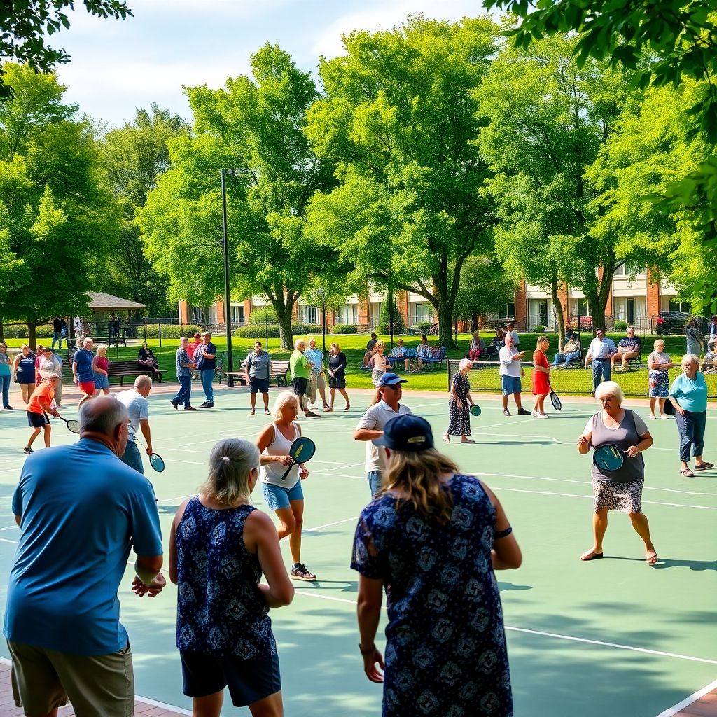 Diverse people playing pickleball on a sunny court.