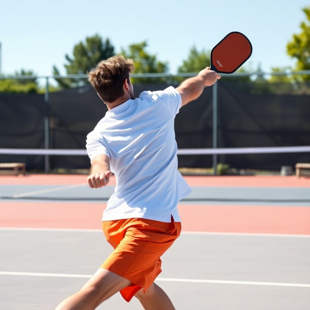 Player executing a backhand shot in pickleball game.