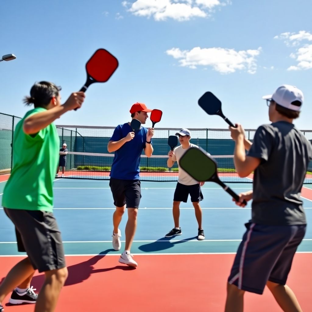 Players engaging in intense pickleball action at the net.