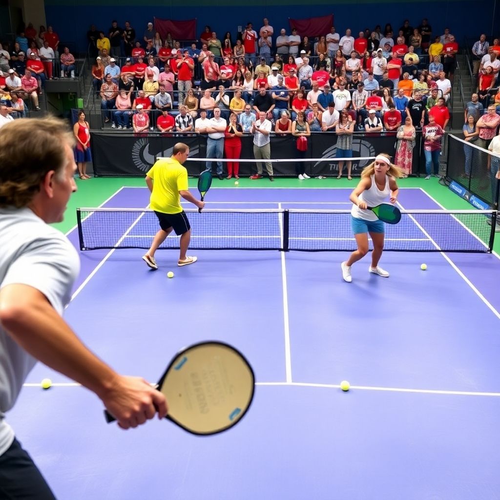 Players engaged in an intense pickleball match on court.
