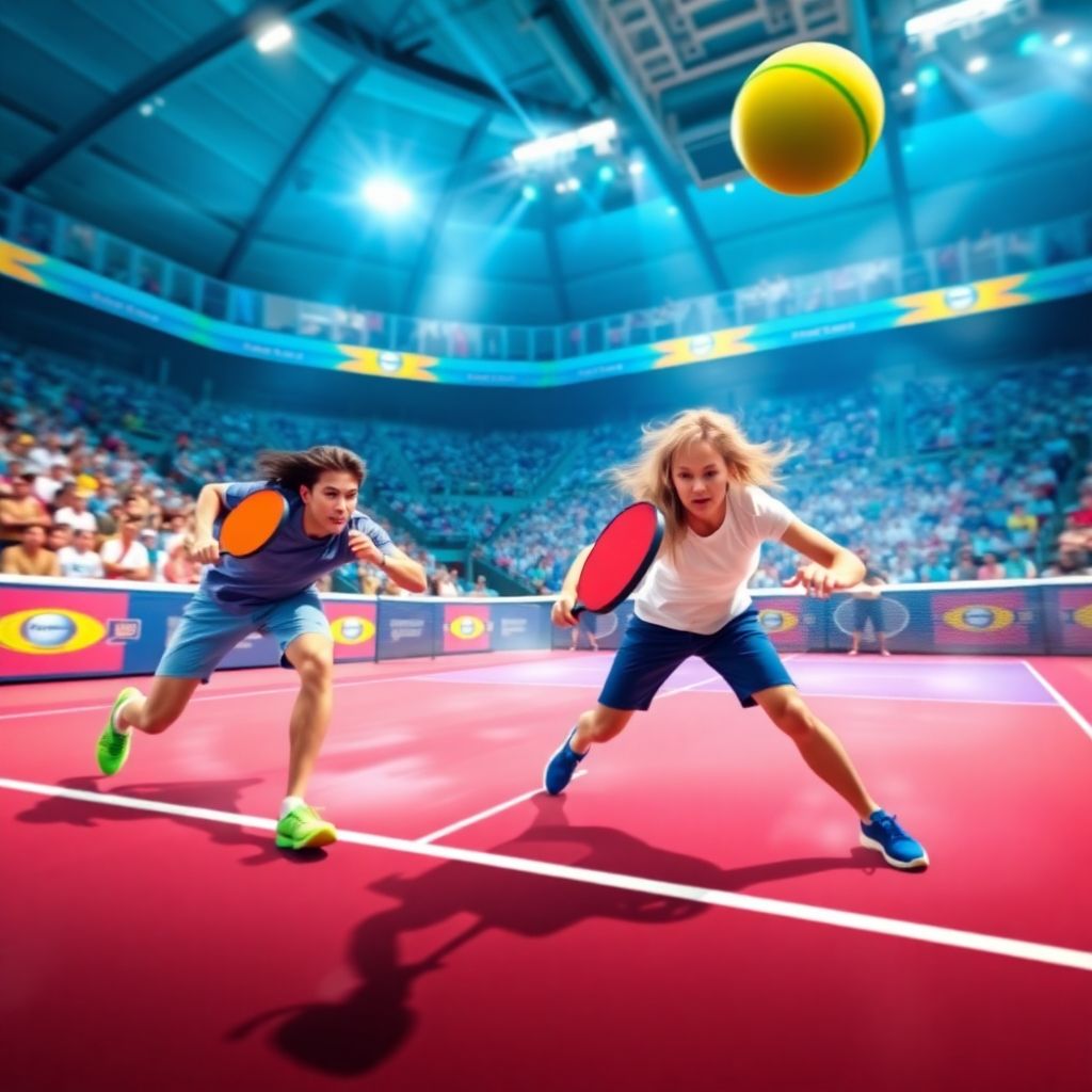Dynamic pickleball match with players and vibrant court.