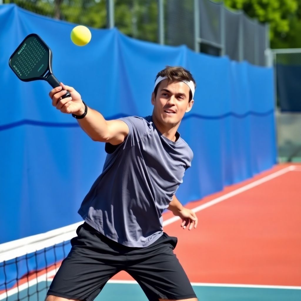 Pickleball player performing a drop shot on the court.
