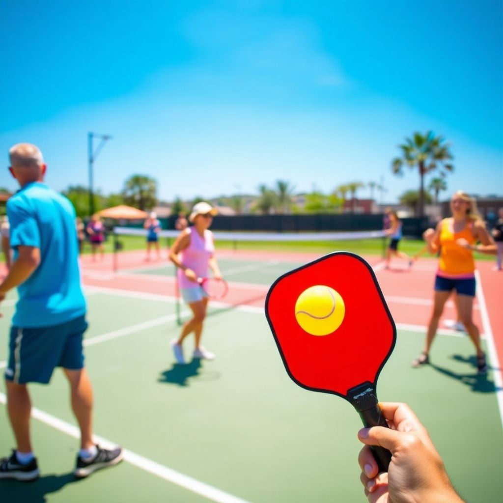 Players competing in a lively pickleball match on court.