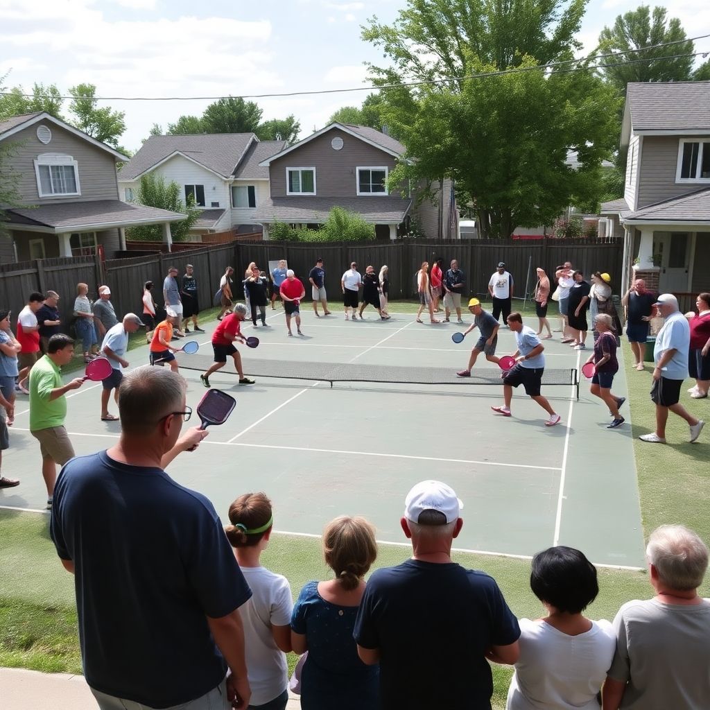 Pickleball players in action near residential homes.