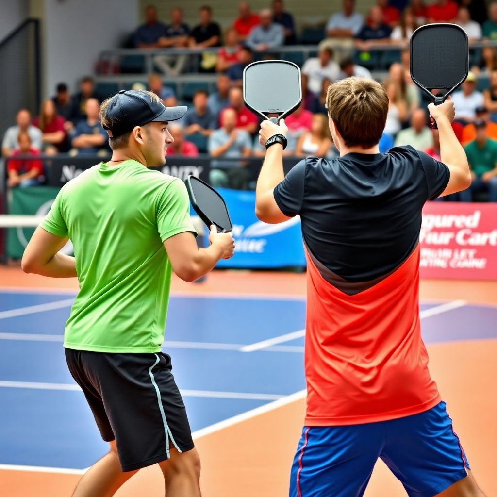 Two players intensely competing in a pickleball match.