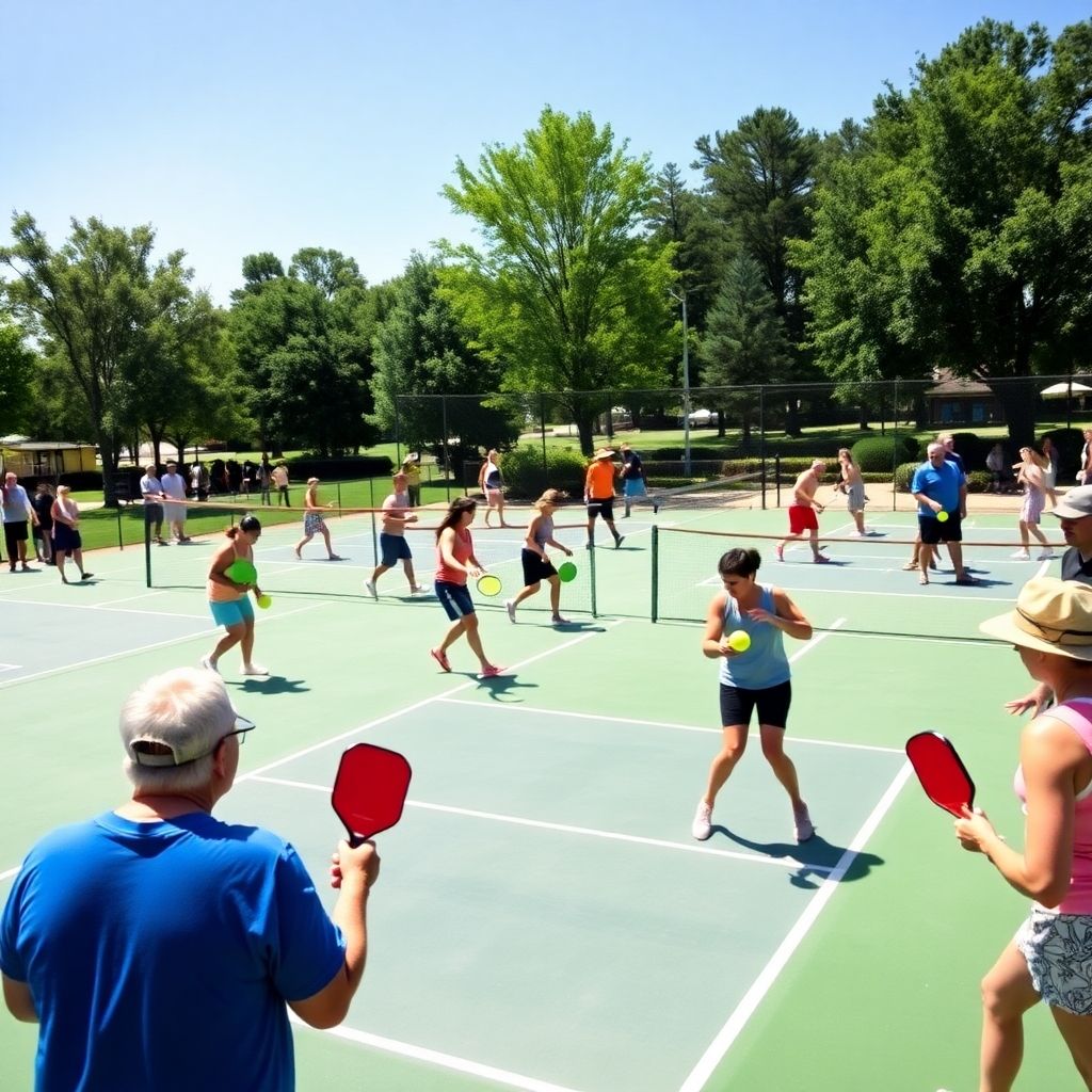 Players enjoying pickleball in a lively community court.