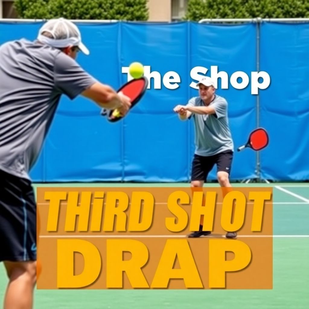 Player performing third shot drop in pickleball match.