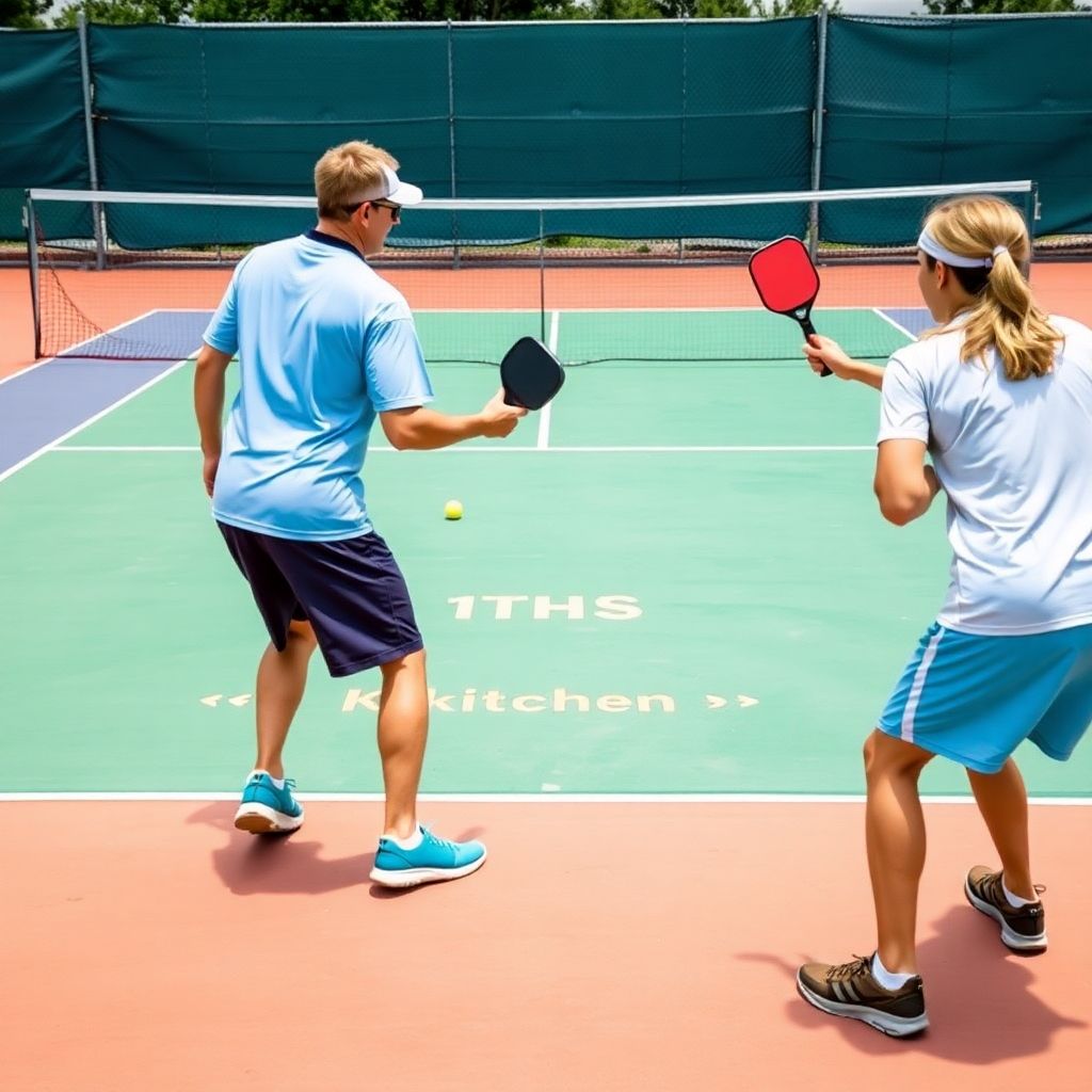 Two pickleball players in action near the kitchen area.
