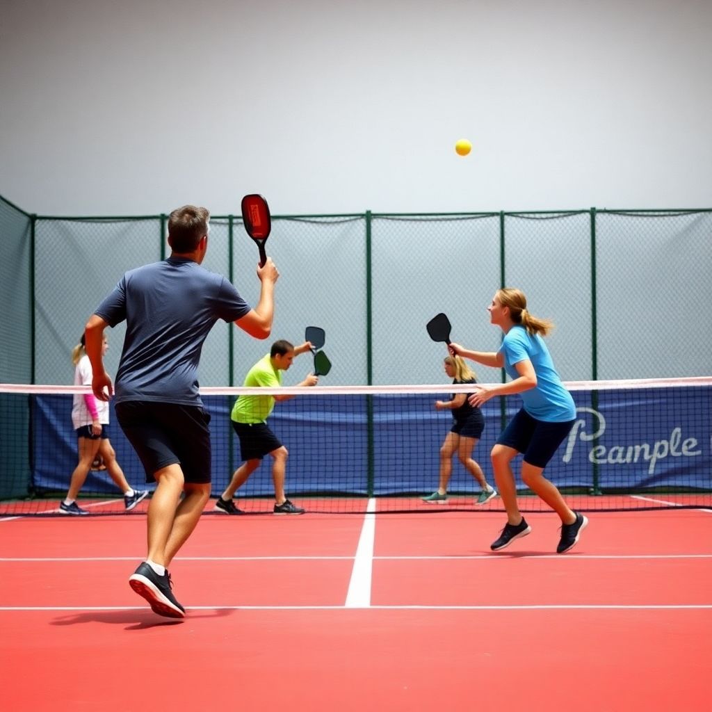 Players actively engaged in an intense pickleball match.