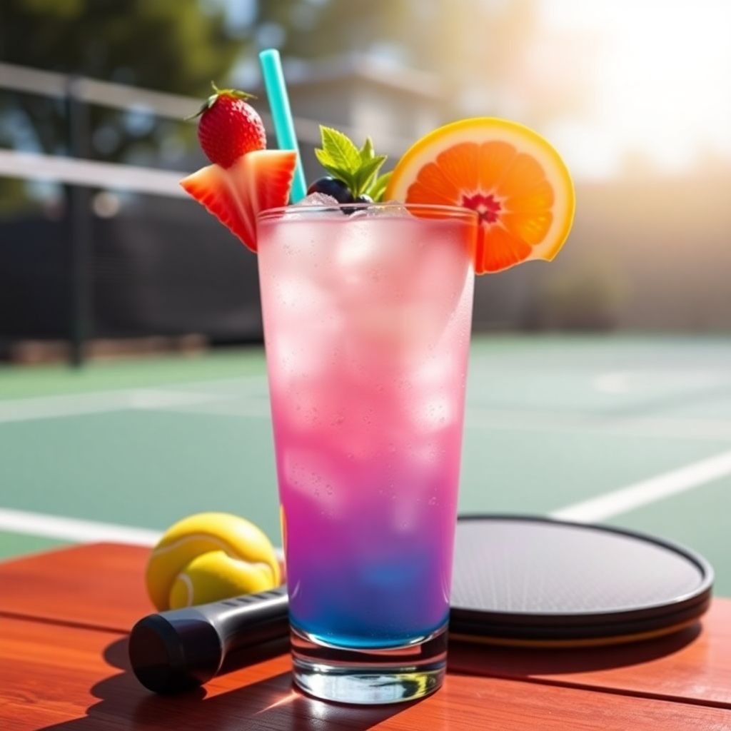 Colorful drink with fruit and pickleball paddle on court.