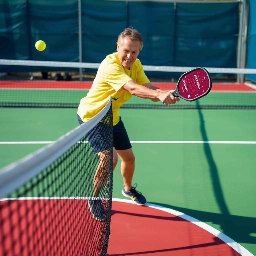 Player hitting a pickleball shot around the net.