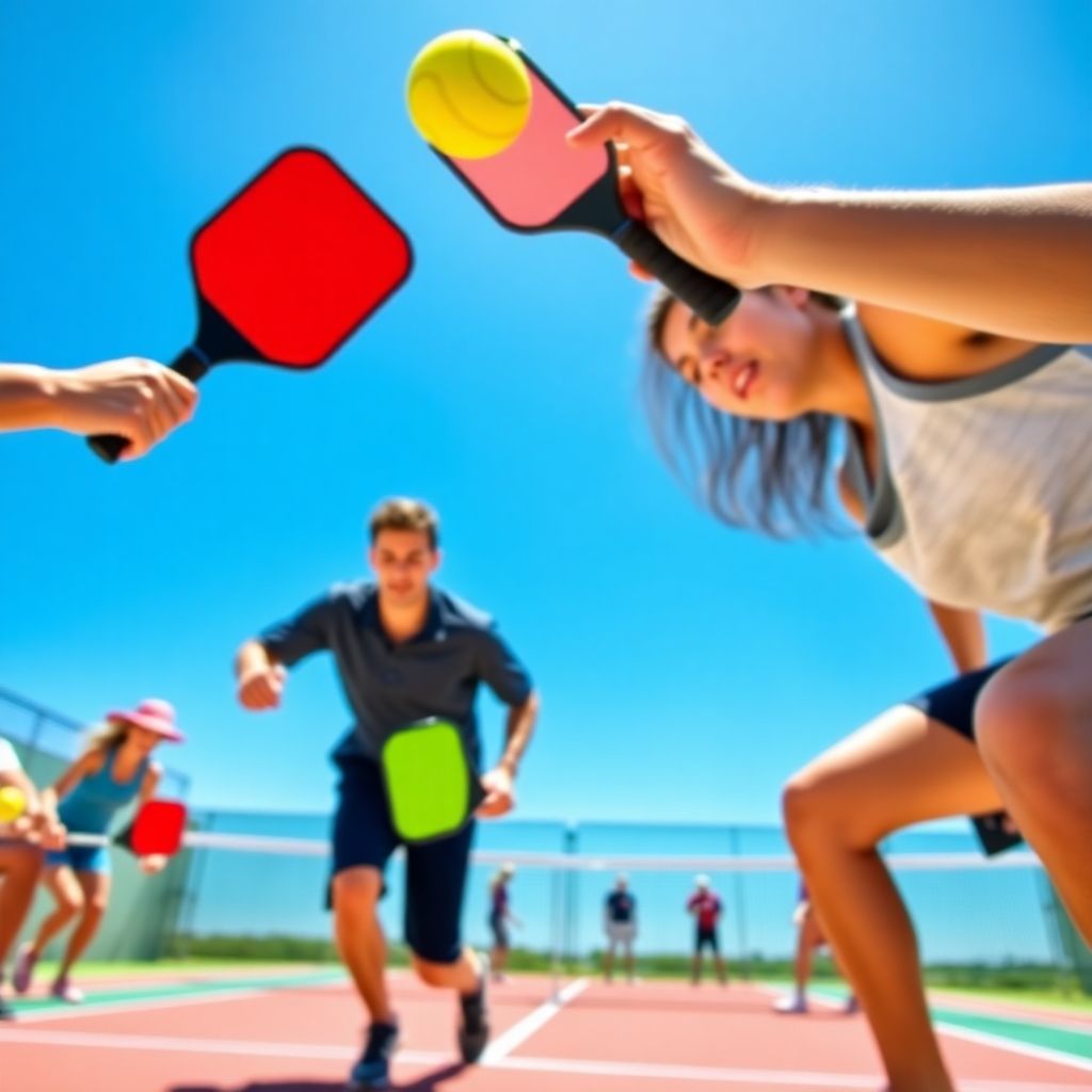 Two pickleball players competing on a vibrant court.