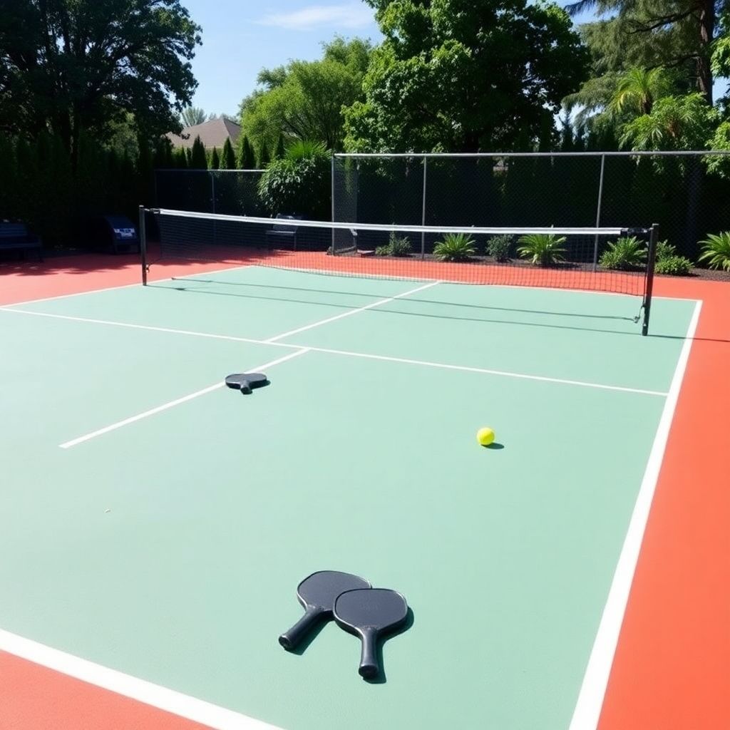 Backyard pickleball court with net and paddles ready for play.