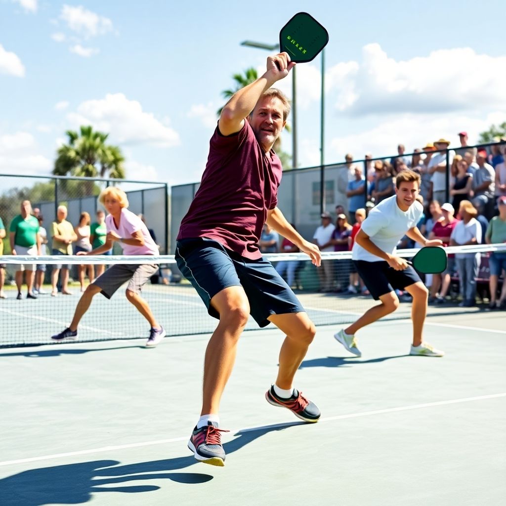 Players engaged in intense pickleball action on the court.