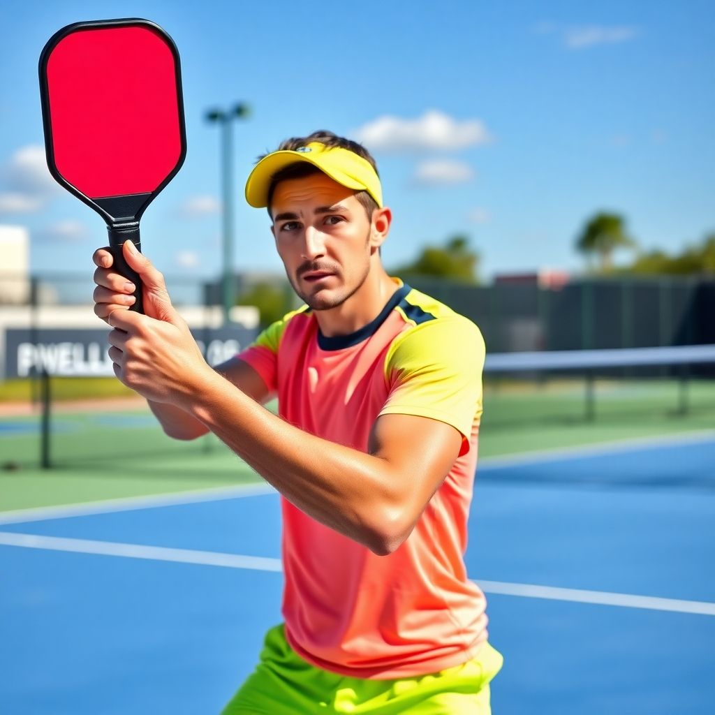 Pickleball player serving on a sunny outdoor court.