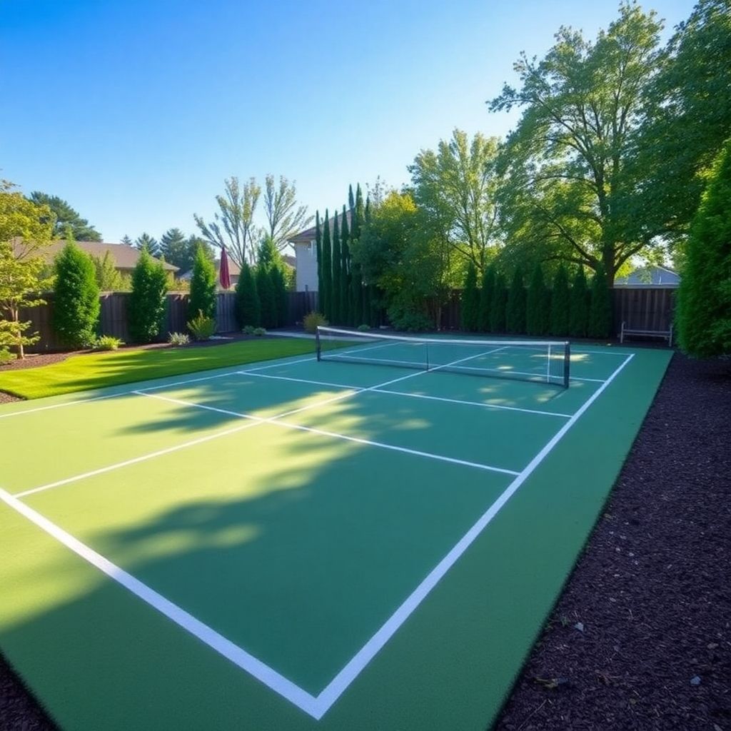 A backyard pickleball court with net and markings.