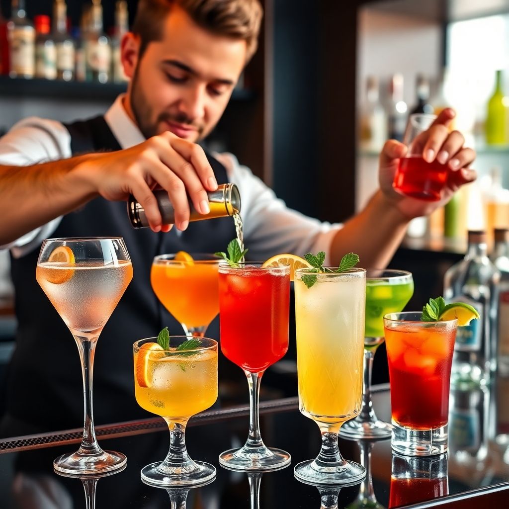 Bartender pouring colorful cocktails in a vibrant bar.