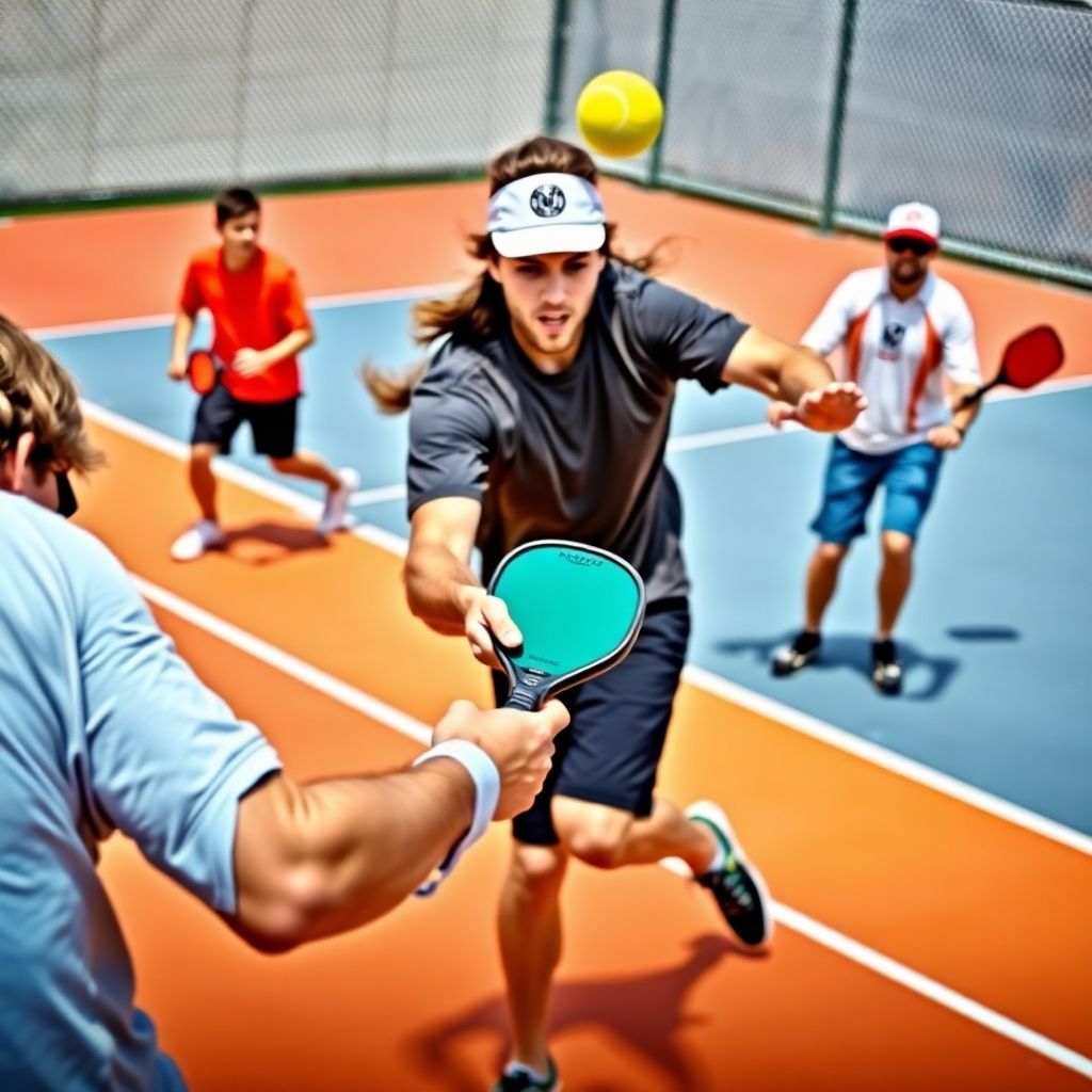 Players actively engaged in intense pickleball match on court.