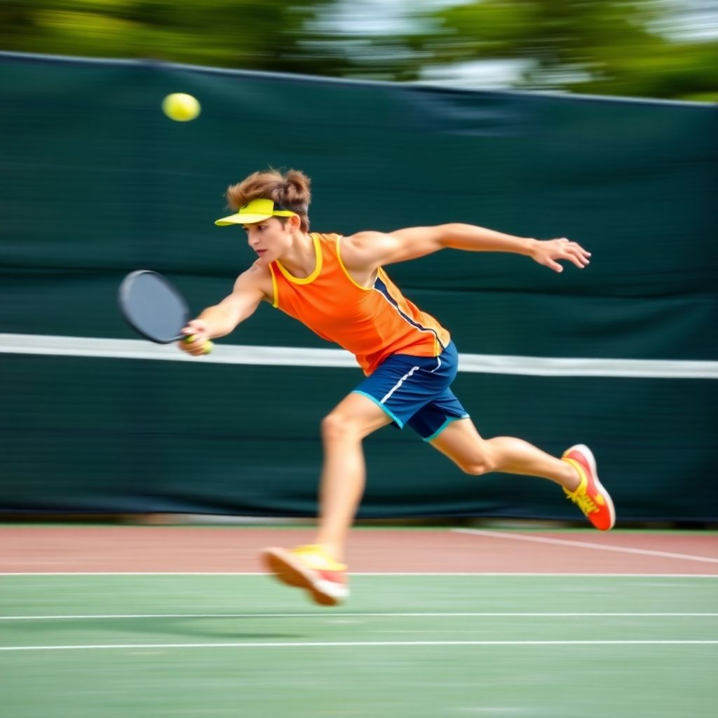 Athlete in motion on a pickleball court, displaying quickness.