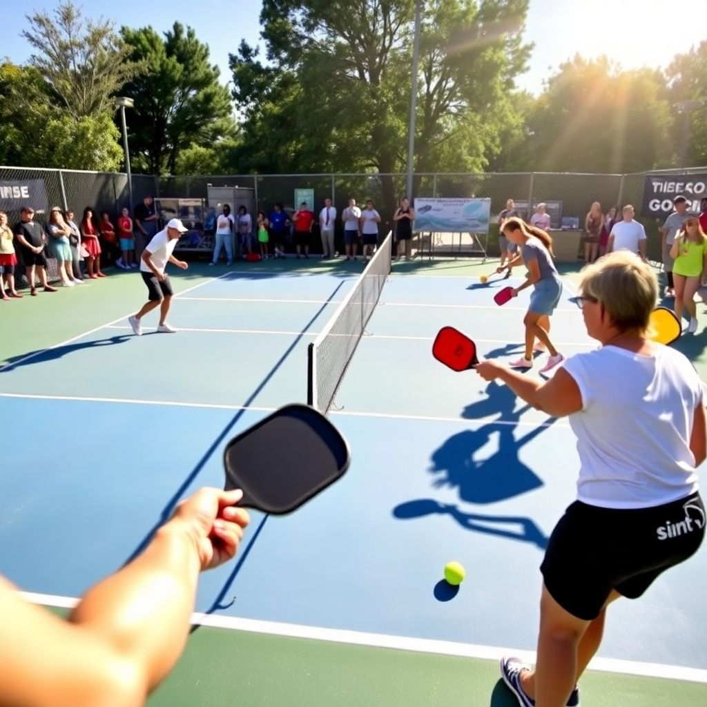 Players enjoying pickleball on a sunny court.