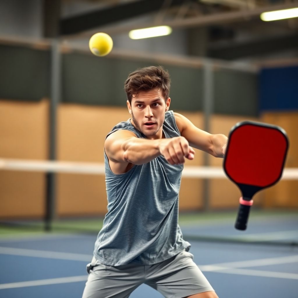 Player serving a pickleball on a vibrant court.