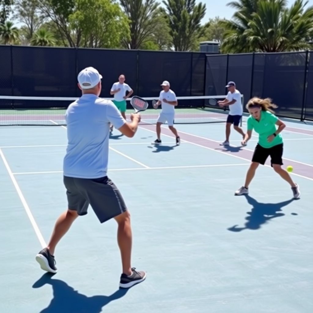 Players hitting different pickleball shots on a sunny court.