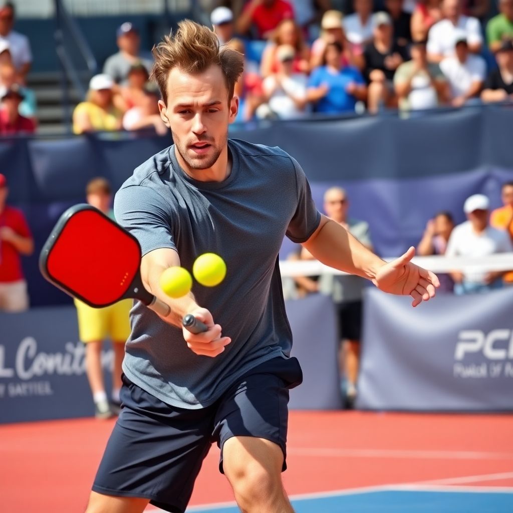 Pickleball player serving during a competitive match.