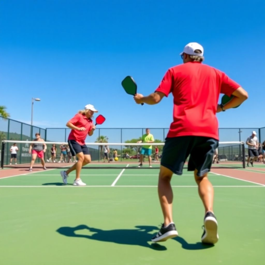 Players engaging in pickleball at the kitchen line.