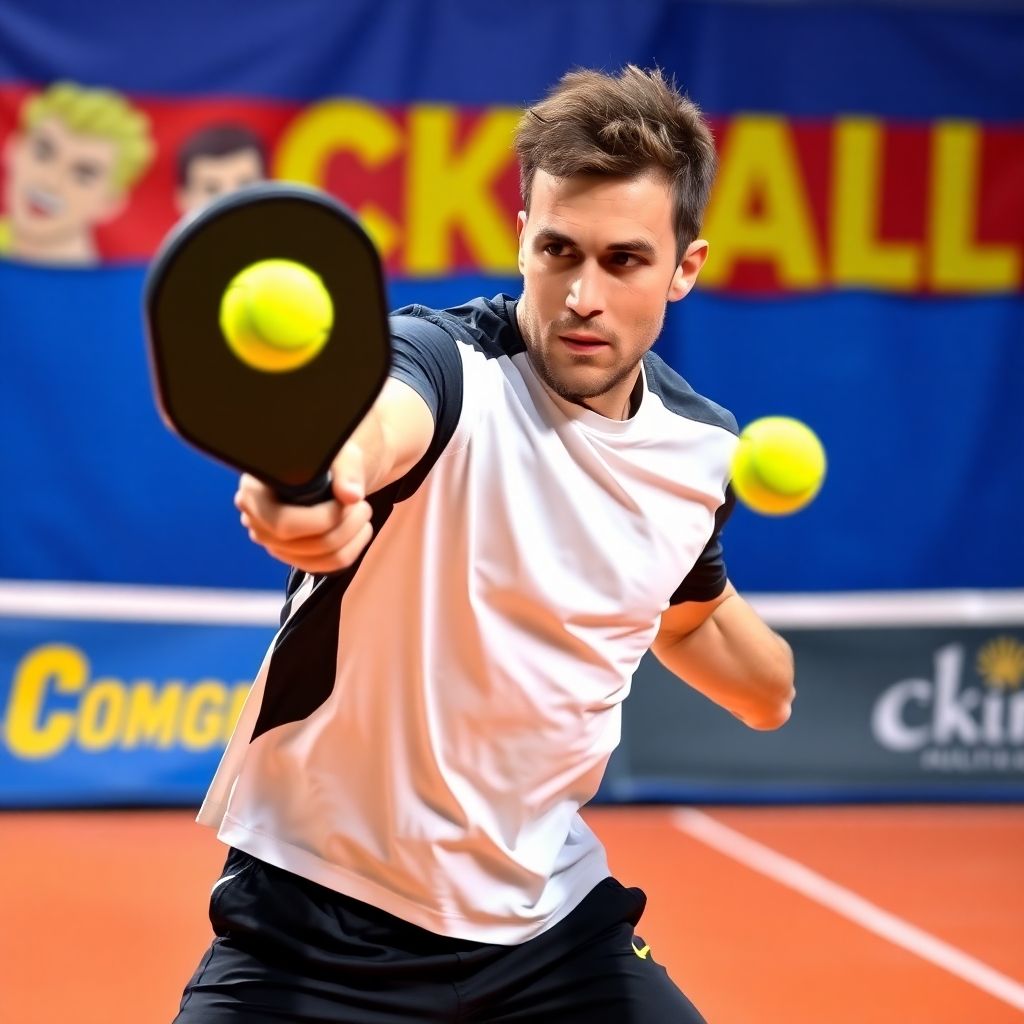Pickleball player hitting a passing shot on court.