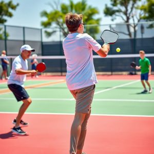 Players of varying skill levels playing pickleball in action.