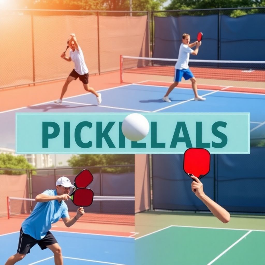 Players executing different pickleball shots on a court.