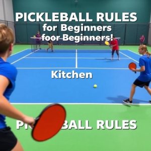Vibrant pickleball game with players near the kitchen area.