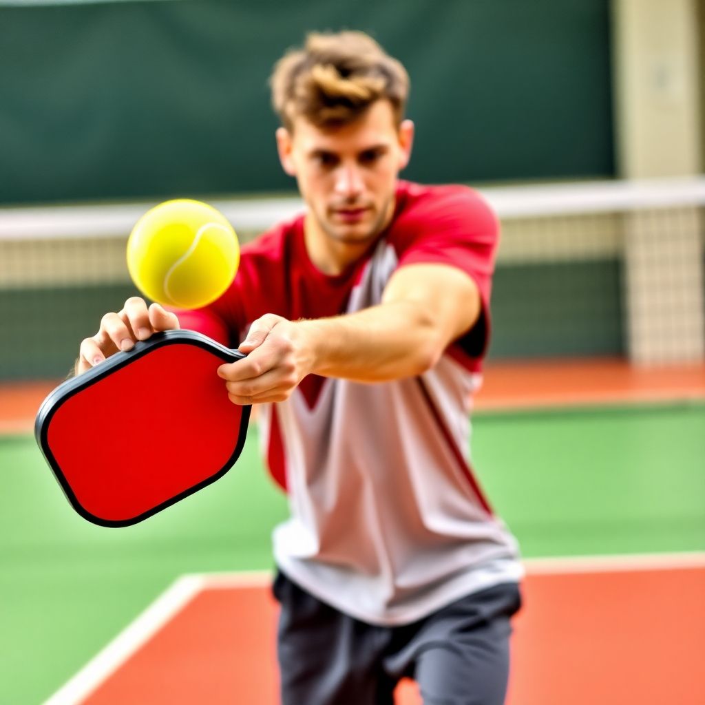 Pickleball player serving on a colorful court.