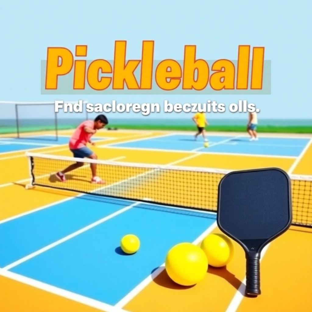 Pickleball court with players, paddles, and balls in action.
