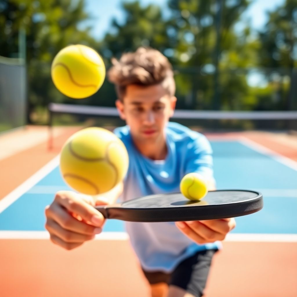 Player serving a pickleball on a colorful court.