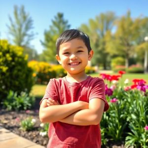 Confident child with arms crossed in a sunny park.