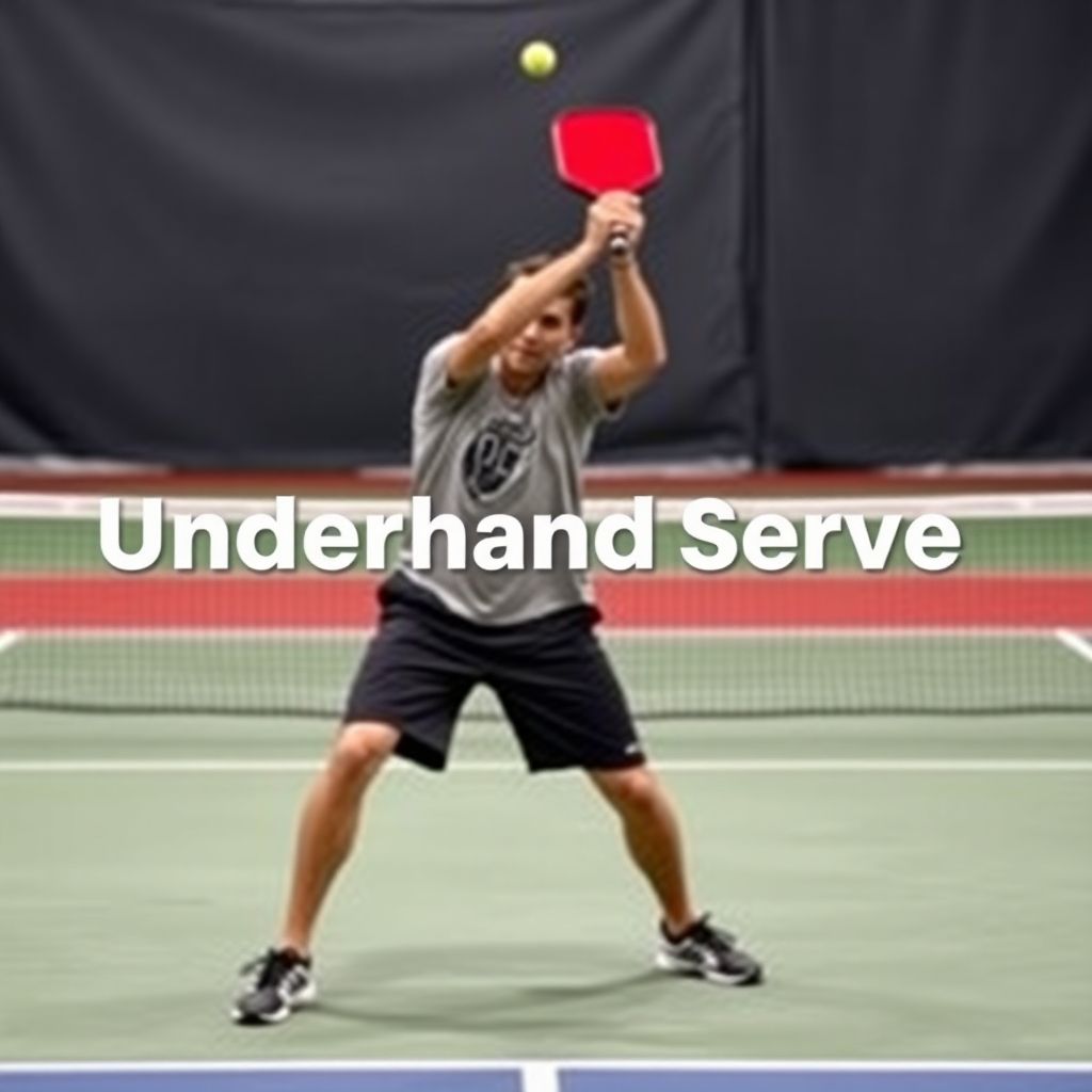 A player performing an underhand serve in pickleball.