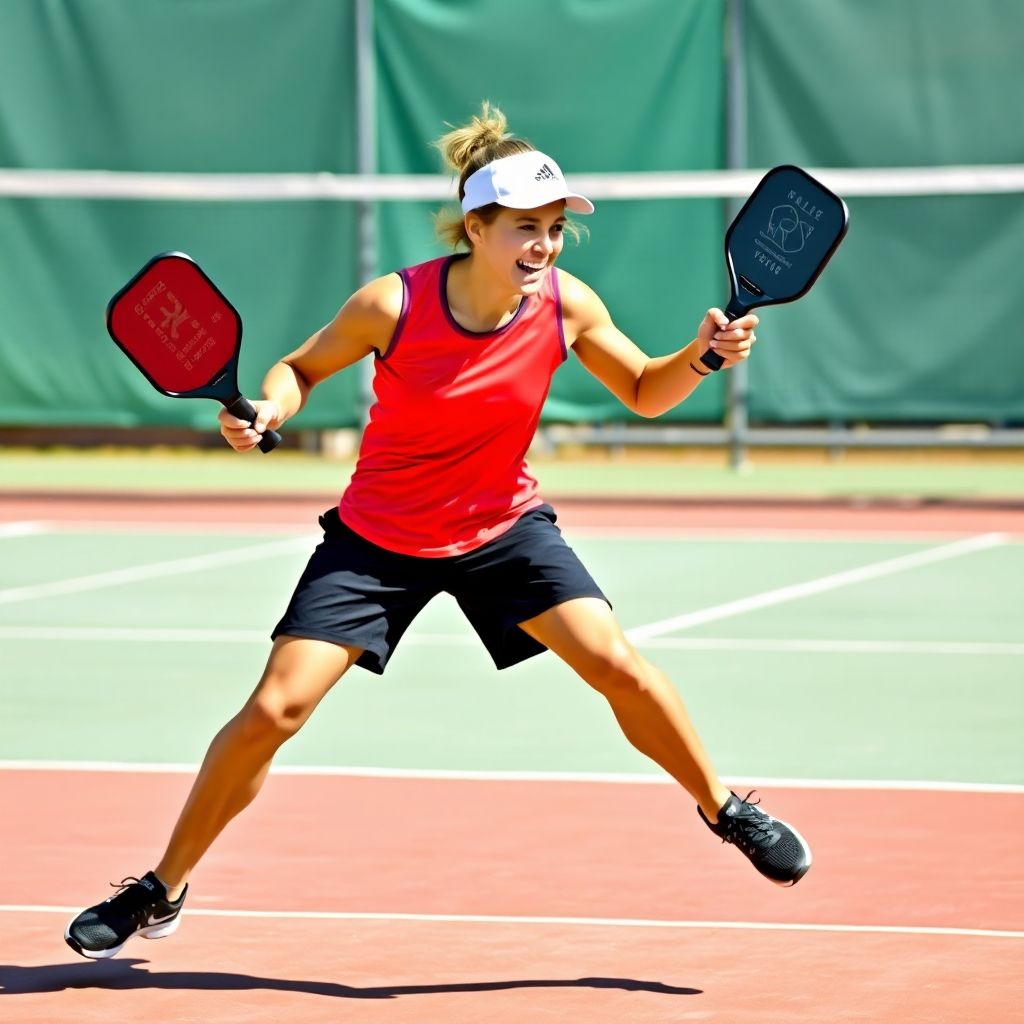 Pickleball player in action on the court, dynamic movement.