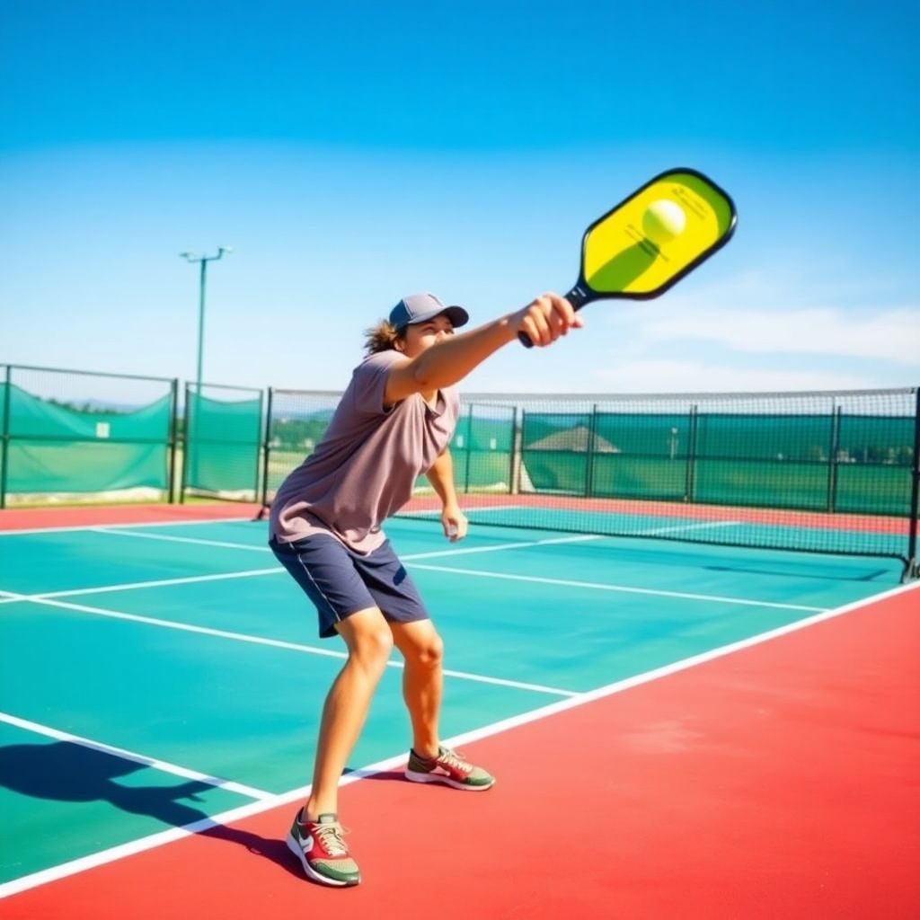 Pickleball player serving the ball on a court.