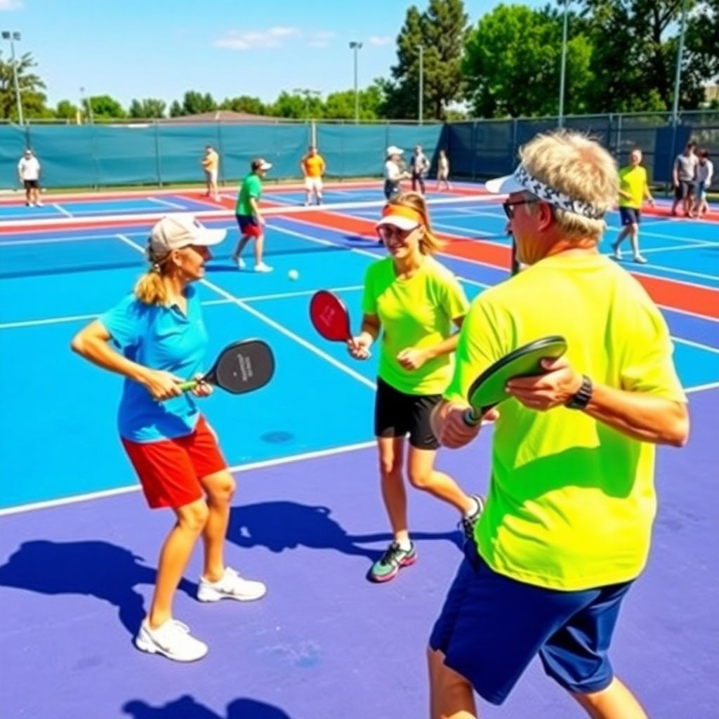 Players engaging in pickleball with friendly interactions on court.
